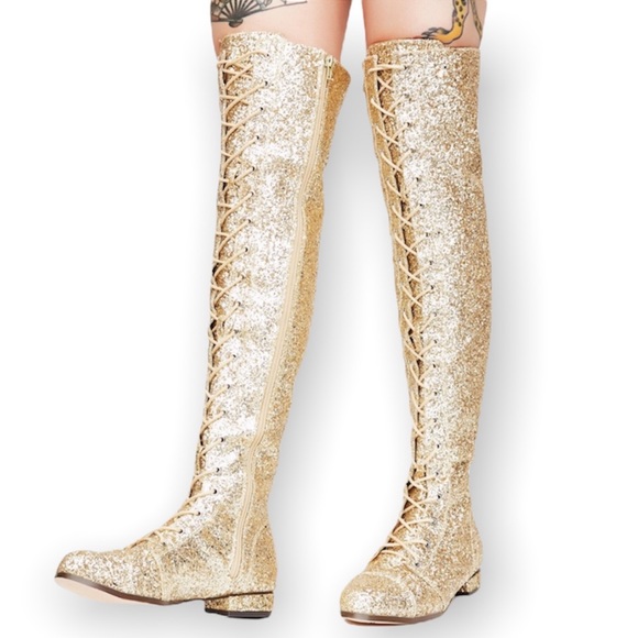 Dolls Kill Shoes - Dolls Kill Chase and Chloe Millennial Diva Gold Glitter Over The Knee Boots